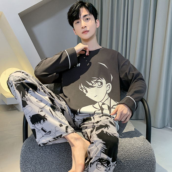 91家纺网 家纺一手货源 找家纺 春秋季纯棉圆领睡衣男士卡通长袖家居服夏季青少年休闲可外穿套装 89257