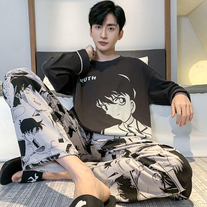 91家纺网 家纺一手货源 找家纺 春秋季纯棉圆领睡衣男士卡通长袖家居服夏季青少年休闲可外穿套装 89257