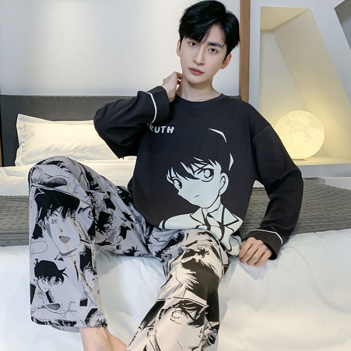 91家纺网 家纺一手货源 找家纺 春秋季纯棉圆领睡衣男士卡通长袖家居服夏季青少年休闲可外穿套装 89257