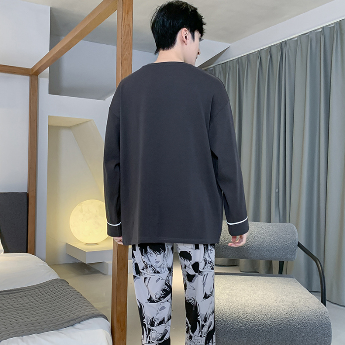 91家纺网 家纺一手货源 找家纺 春秋季纯棉圆领睡衣男士卡通长袖家居服夏季青少年休闲可外穿套装 89257