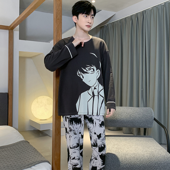 91家纺网 家纺一手货源 找家纺 春秋季纯棉圆领睡衣男士卡通长袖家居服夏季青少年休闲可外穿套装 89257