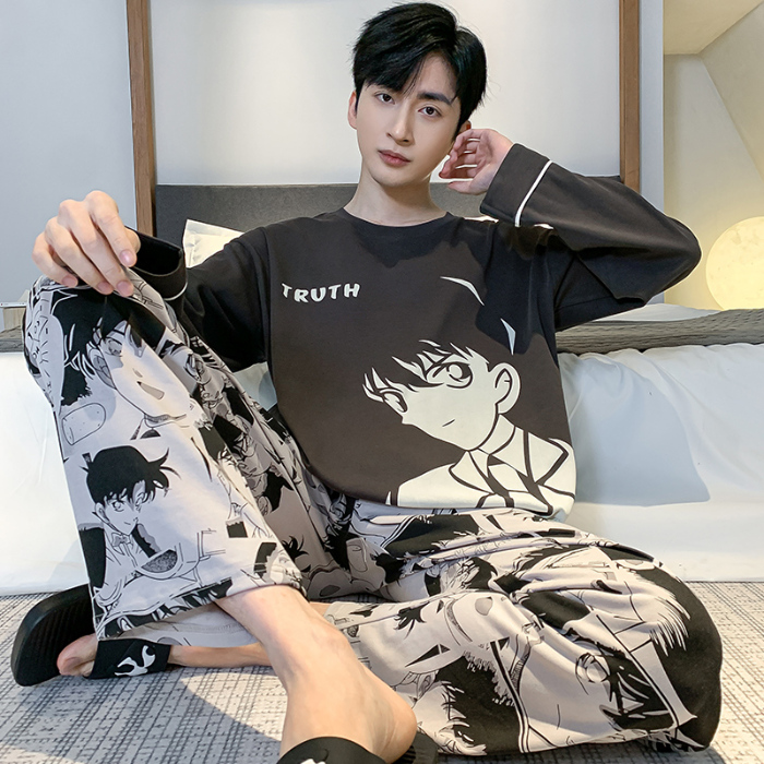 91家纺网 家纺一手货源 找家纺 春秋季纯棉圆领睡衣男士卡通长袖家居服夏季青少年休闲可外穿套装 89257