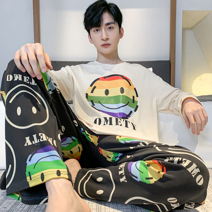 91家纺网 家纺一手货源 找家纺 春秋季纯棉圆领睡衣男士卡通长袖家居服夏季青少年休闲可外穿套装 89262