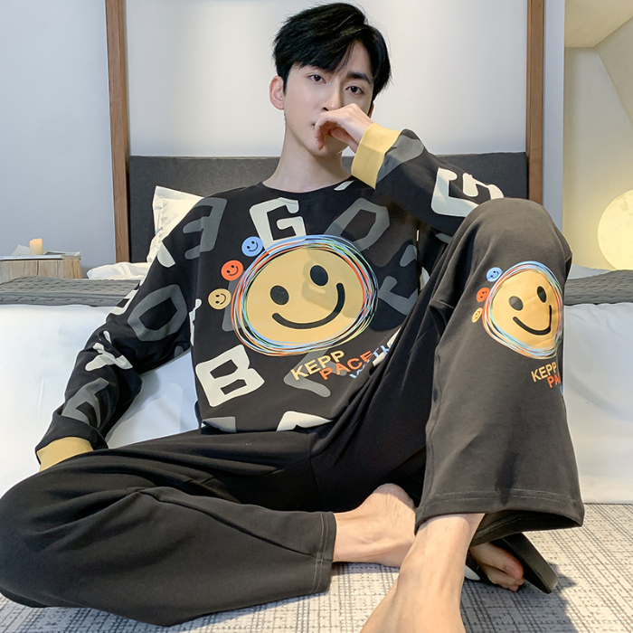 91家纺网 家纺一手货源 找家纺 春秋季纯棉圆领睡衣男士卡通长袖家居服夏季青少年休闲可外穿套装 89263