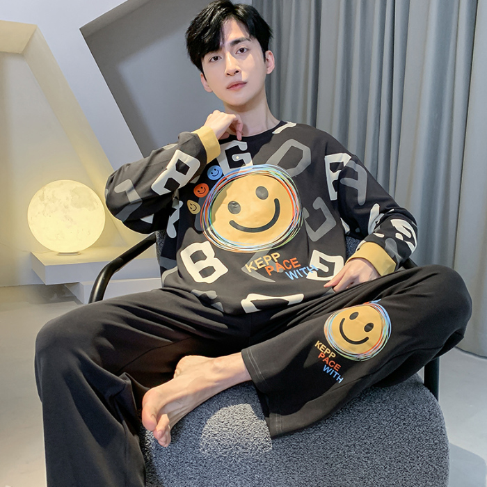 91家纺网 家纺一手货源 找家纺 春秋季纯棉圆领睡衣男士卡通长袖家居服夏季青少年休闲可外穿套装 89263