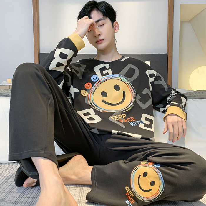 91家纺网 家纺一手货源 找家纺 春秋季纯棉圆领睡衣男士卡通长袖家居服夏季青少年休闲可外穿套装 89263