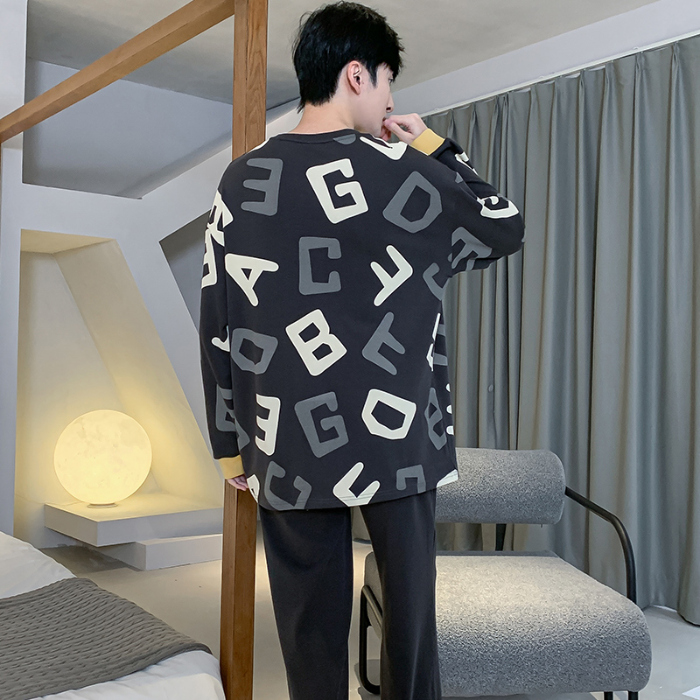 91家纺网 家纺一手货源 找家纺 春秋季纯棉圆领睡衣男士卡通长袖家居服夏季青少年休闲可外穿套装 89263