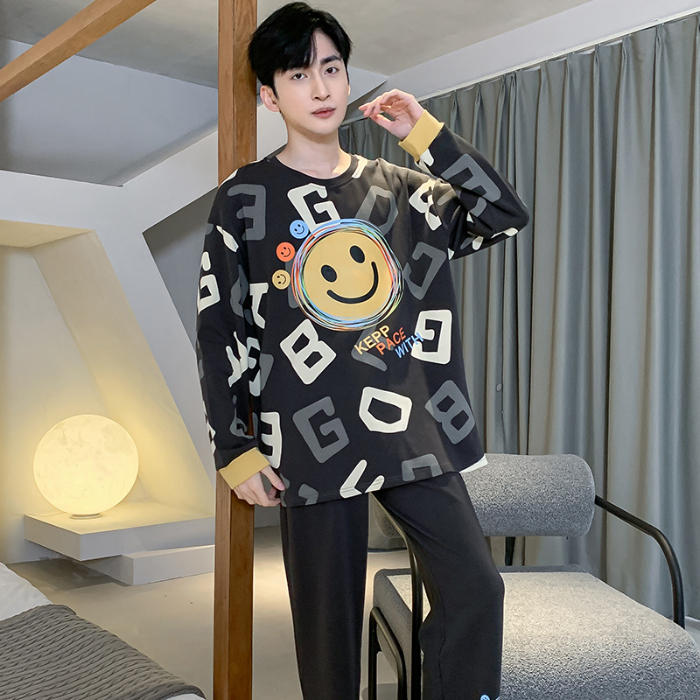 91家纺网 家纺一手货源 找家纺 春秋季纯棉圆领睡衣男士卡通长袖家居服夏季青少年休闲可外穿套装 89263