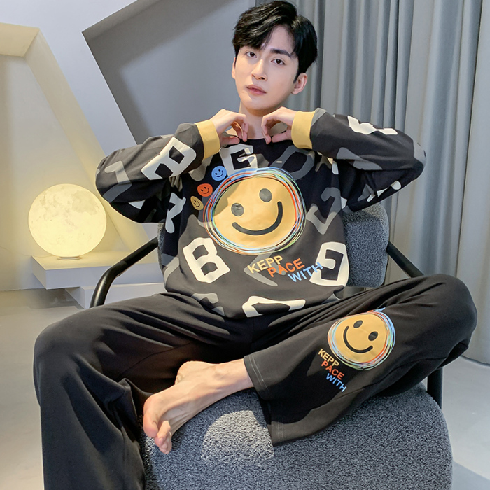 91家纺网 家纺一手货源 找家纺 春秋季纯棉圆领睡衣男士卡通长袖家居服夏季青少年休闲可外穿套装 89263