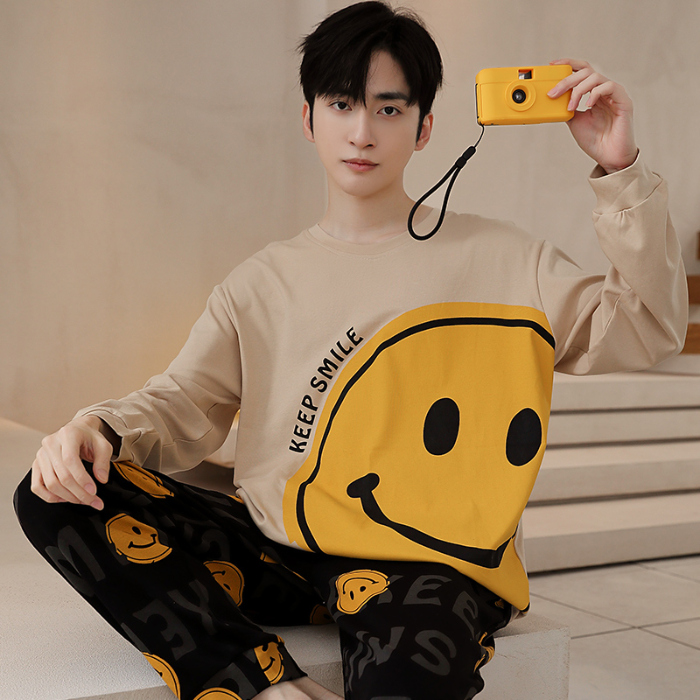 91家纺网 家纺一手货源 找家纺 春秋季纯棉圆领睡衣男士卡通长袖家居服夏季青少年休闲可外穿套装 89287