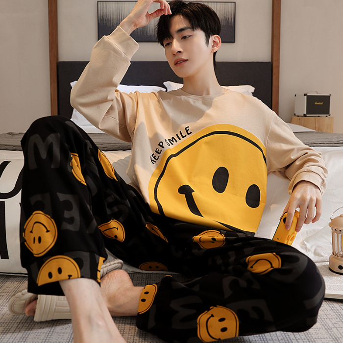 91家纺网 家纺一手货源 找家纺 春秋季纯棉圆领睡衣男士卡通长袖家居服夏季青少年休闲可外穿套装 89287