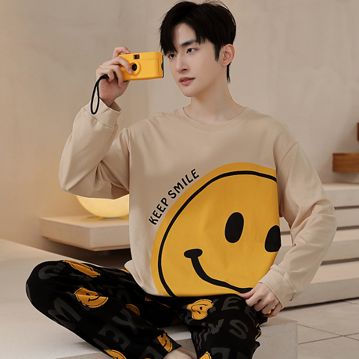 91家纺网 家纺一手货源 找家纺 春秋季纯棉圆领睡衣男士卡通长袖家居服夏季青少年休闲可外穿套装 89287