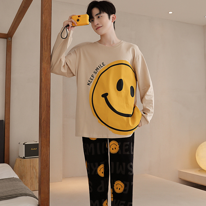 91家纺网 家纺一手货源 找家纺 春秋季纯棉圆领睡衣男士卡通长袖家居服夏季青少年休闲可外穿套装 89287