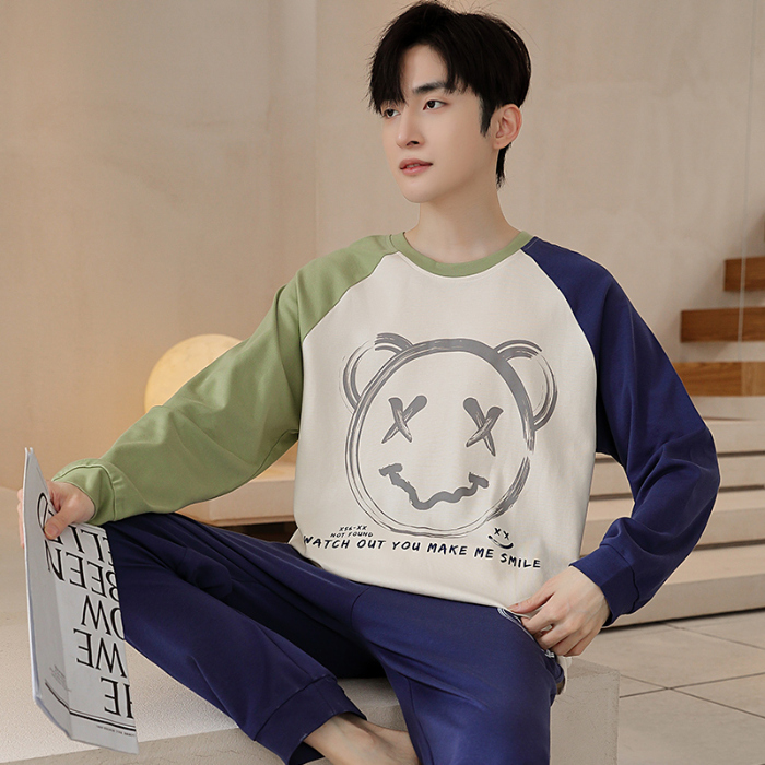 91家纺网 家纺一手货源 找家纺 春秋季纯棉圆领睡衣男士卡通长袖家居服夏季青少年休闲可外穿套装 89294