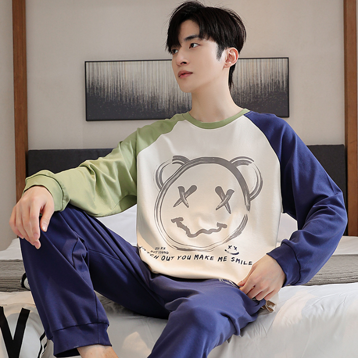 91家纺网 家纺一手货源 找家纺 春秋季纯棉圆领睡衣男士卡通长袖家居服夏季青少年休闲可外穿套装 89294