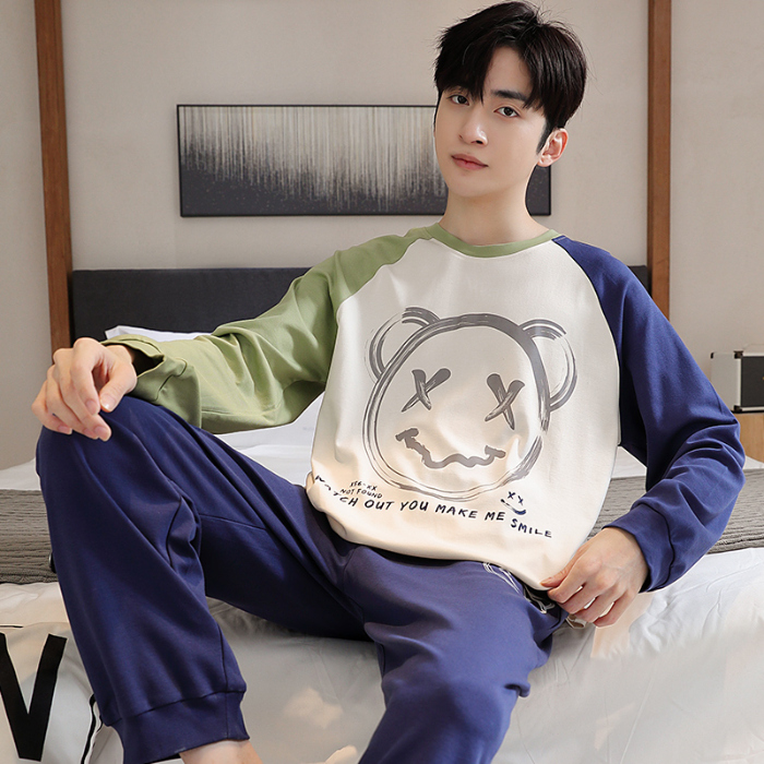 91家纺网 家纺一手货源 找家纺 春秋季纯棉圆领睡衣男士卡通长袖家居服夏季青少年休闲可外穿套装 89294