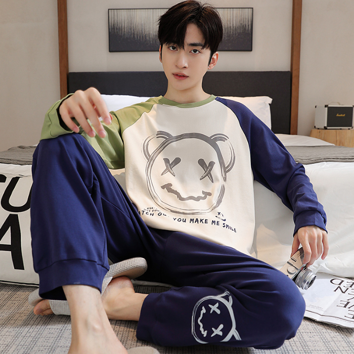 91家纺网 家纺一手货源 找家纺 春秋季纯棉圆领睡衣男士卡通长袖家居服夏季青少年休闲可外穿套装 89294