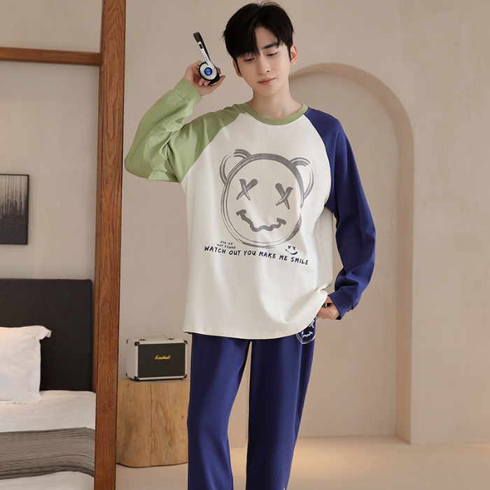 91家纺网 家纺一手货源 找家纺 春秋季纯棉圆领睡衣男士卡通长袖家居服夏季青少年休闲可外穿套装 89294