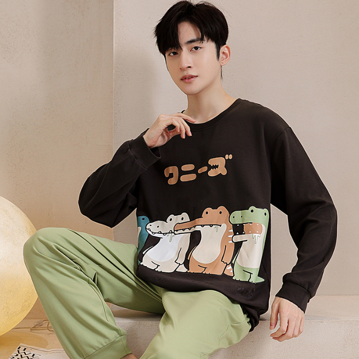 91家纺网 家纺一手货源 找家纺 春秋季纯棉圆领睡衣男士卡通长袖家居服夏季青少年休闲可外穿套装 89296