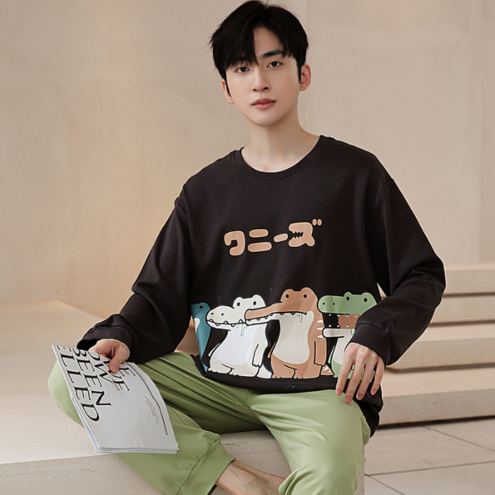 91家纺网 家纺一手货源 找家纺 春秋季纯棉圆领睡衣男士卡通长袖家居服夏季青少年休闲可外穿套装 89296