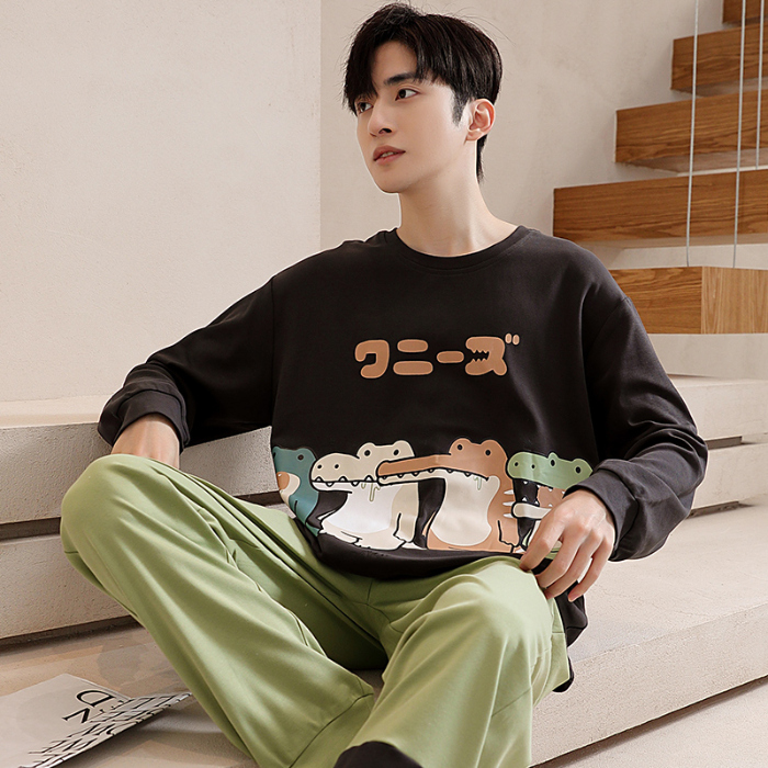 91家纺网 家纺一手货源 找家纺 春秋季纯棉圆领睡衣男士卡通长袖家居服夏季青少年休闲可外穿套装 89296