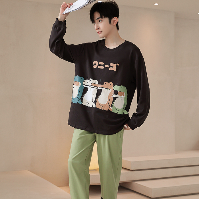 91家纺网 家纺一手货源 找家纺 春秋季纯棉圆领睡衣男士卡通长袖家居服夏季青少年休闲可外穿套装 89296
