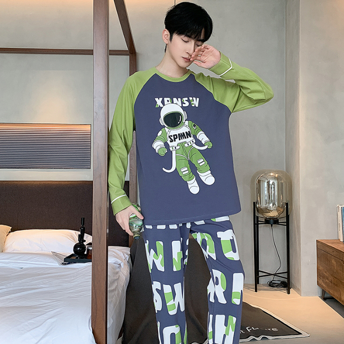 91家纺网 家纺一手货源 找家纺 春秋季纯棉圆领睡衣男士卡通长袖家居服夏季青少年休闲可外穿套装 89317