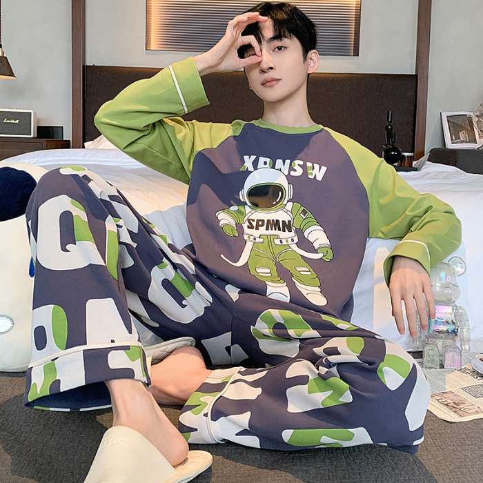 91家纺网 家纺一手货源 找家纺 春秋季纯棉圆领睡衣男士卡通长袖家居服夏季青少年休闲可外穿套装 89317