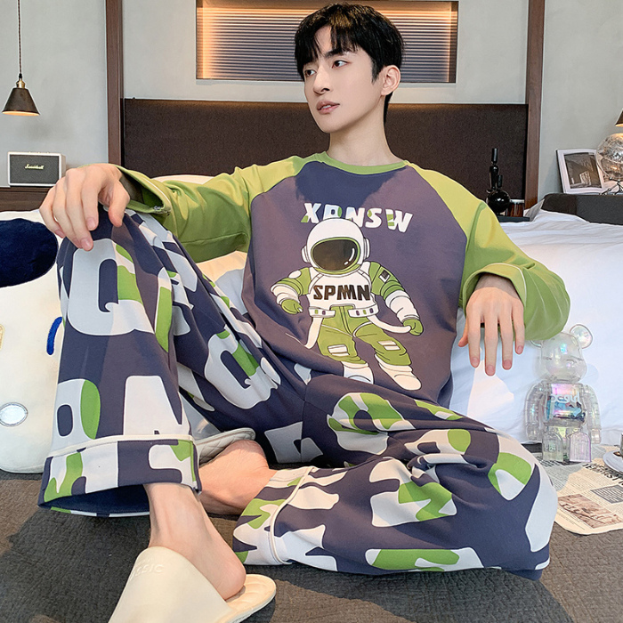 91家纺网 家纺一手货源 找家纺 春秋季纯棉圆领睡衣男士卡通长袖家居服夏季青少年休闲可外穿套装 89317