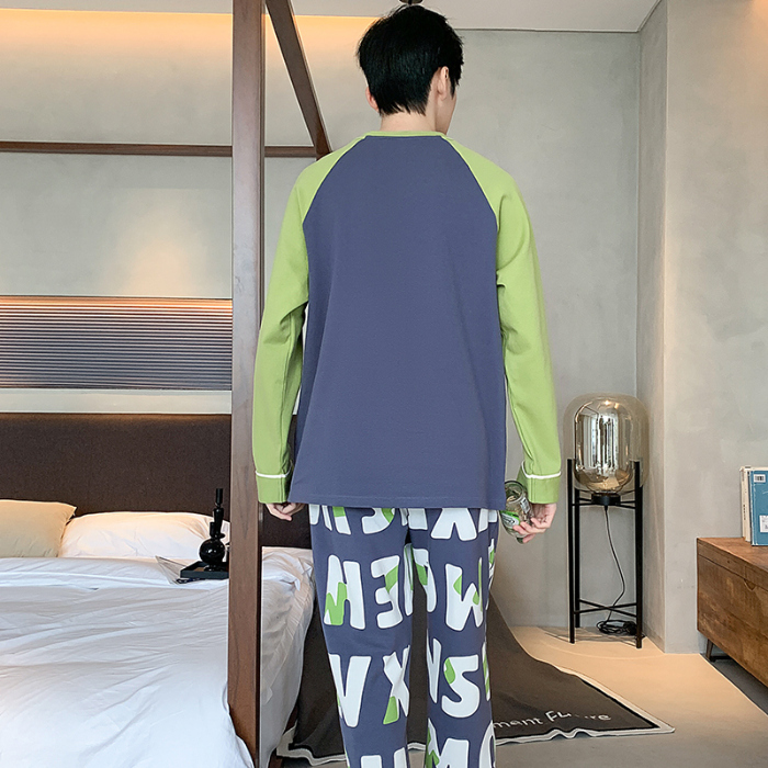 91家纺网 家纺一手货源 找家纺 春秋季纯棉圆领睡衣男士卡通长袖家居服夏季青少年休闲可外穿套装 89317