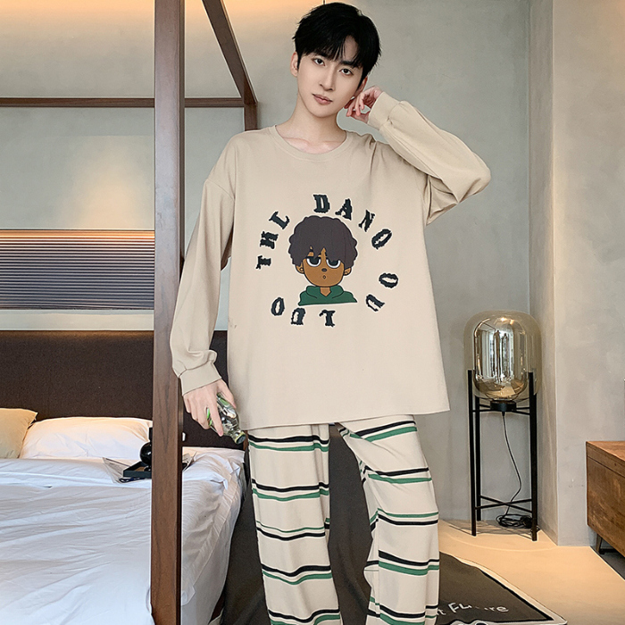 91家纺网 家纺一手货源 找家纺 春秋季纯棉圆领睡衣男士卡通长袖家居服夏季青少年休闲可外穿套装 89321