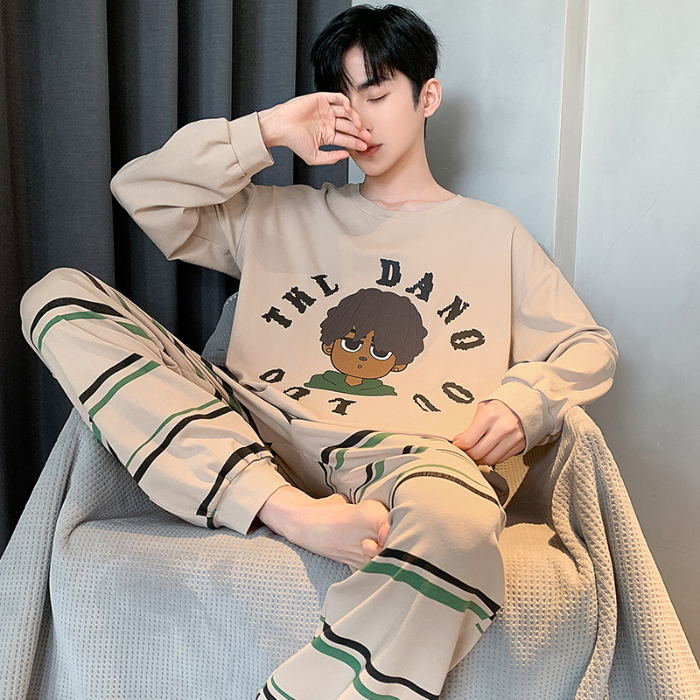 91家纺网 家纺一手货源 找家纺 春秋季纯棉圆领睡衣男士卡通长袖家居服夏季青少年休闲可外穿套装 89321