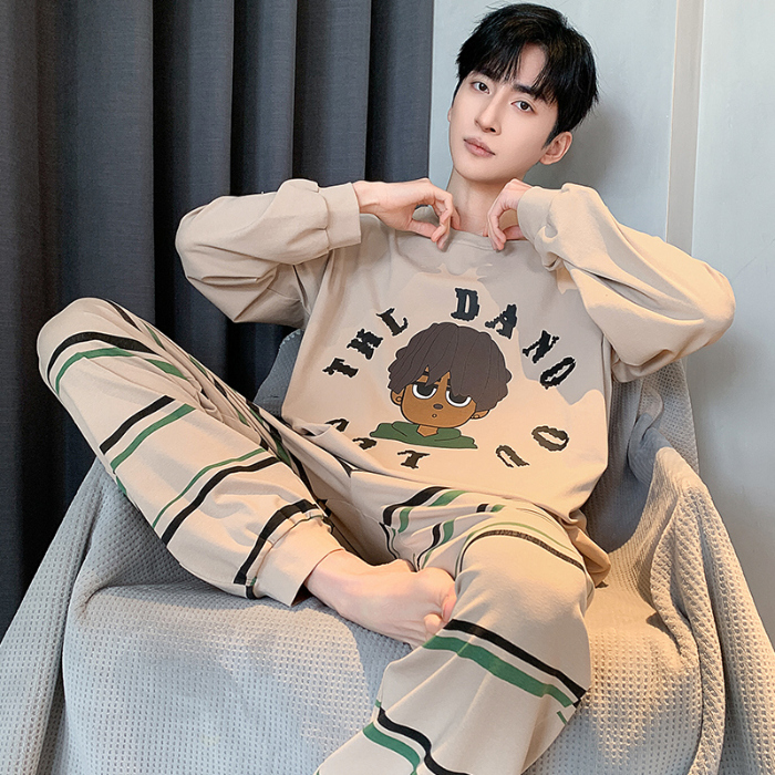 91家纺网 家纺一手货源 找家纺 春秋季纯棉圆领睡衣男士卡通长袖家居服夏季青少年休闲可外穿套装 89321