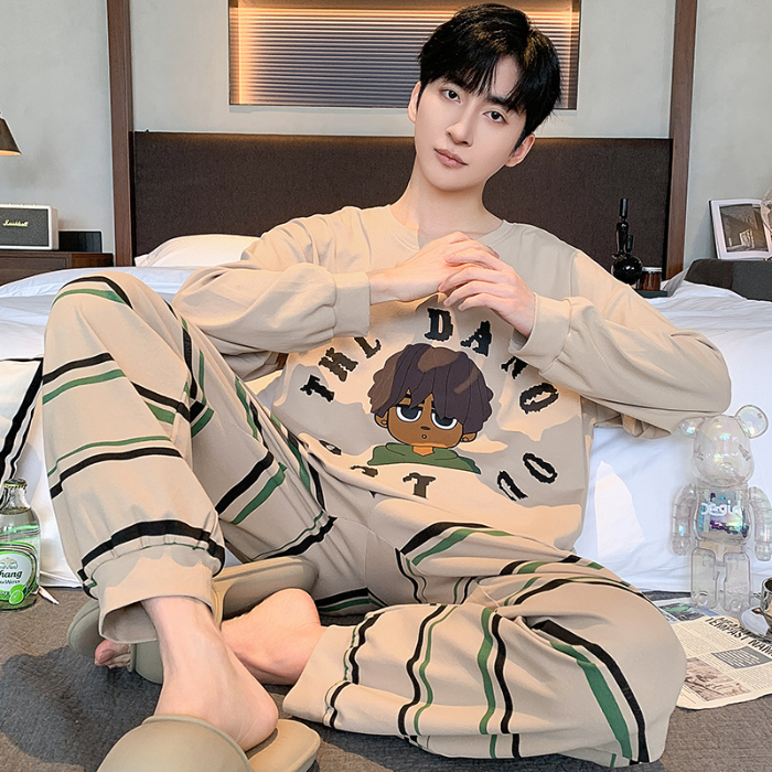 91家纺网 家纺一手货源 找家纺 春秋季纯棉圆领睡衣男士卡通长袖家居服夏季青少年休闲可外穿套装 89321