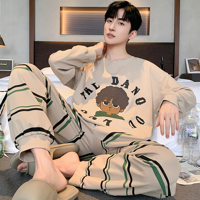 91家纺网 家纺一手货源 找家纺 春秋季纯棉圆领睡衣男士卡通长袖家居服夏季青少年休闲可外穿套装 89321