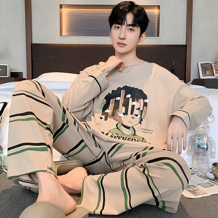 91家纺网 家纺一手货源 找家纺 春秋季纯棉圆领睡衣男士卡通长袖家居服夏季青少年休闲可外穿套装 89322