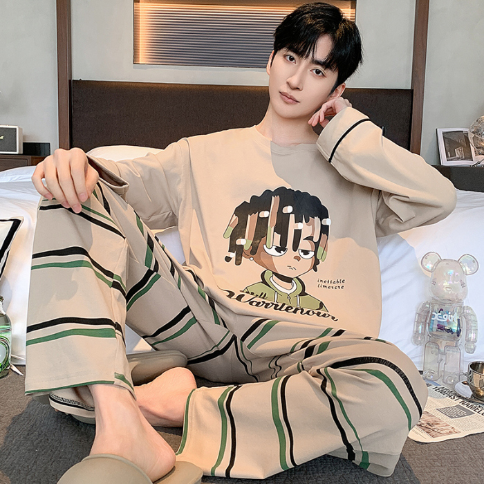 91家纺网 家纺一手货源 找家纺 春秋季纯棉圆领睡衣男士卡通长袖家居服夏季青少年休闲可外穿套装 89322