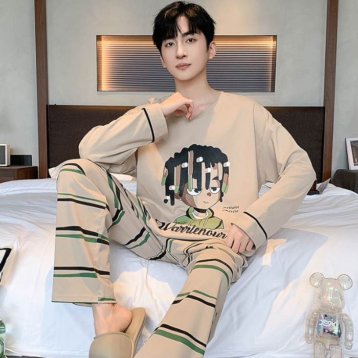 91家纺网 家纺一手货源 找家纺 春秋季纯棉圆领睡衣男士卡通长袖家居服夏季青少年休闲可外穿套装 89322