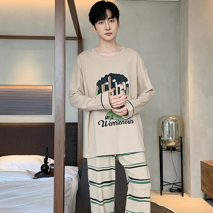 91家纺网 家纺一手货源 找家纺 春秋季纯棉圆领睡衣男士卡通长袖家居服夏季青少年休闲可外穿套装 89322