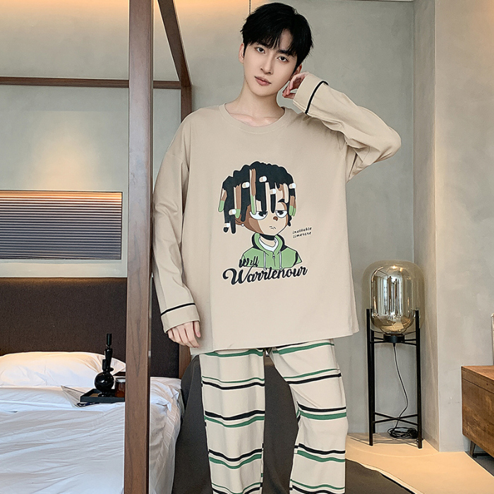 91家纺网 家纺一手货源 找家纺 春秋季纯棉圆领睡衣男士卡通长袖家居服夏季青少年休闲可外穿套装 89322