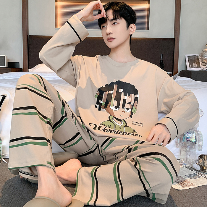 91家纺网 家纺一手货源 找家纺 春秋季纯棉圆领睡衣男士卡通长袖家居服夏季青少年休闲可外穿套装 89322