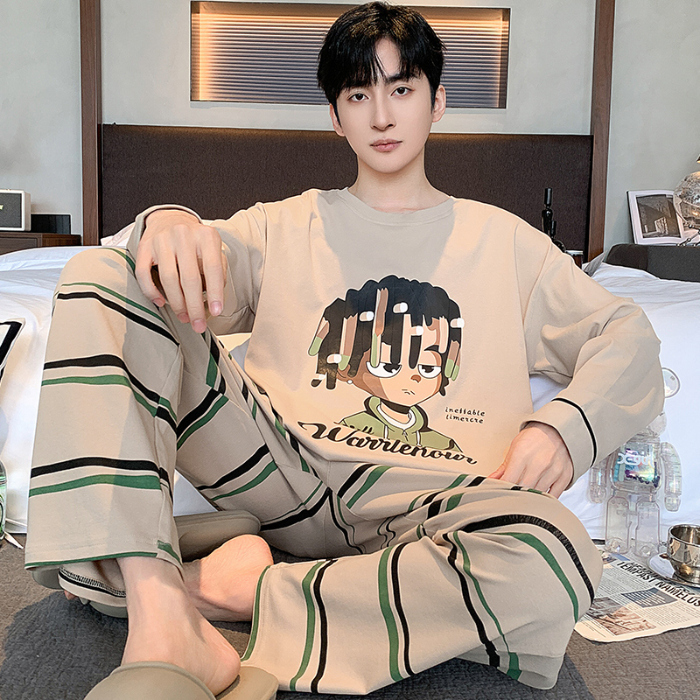 91家纺网 家纺一手货源 找家纺 春秋季纯棉圆领睡衣男士卡通长袖家居服夏季青少年休闲可外穿套装 89322