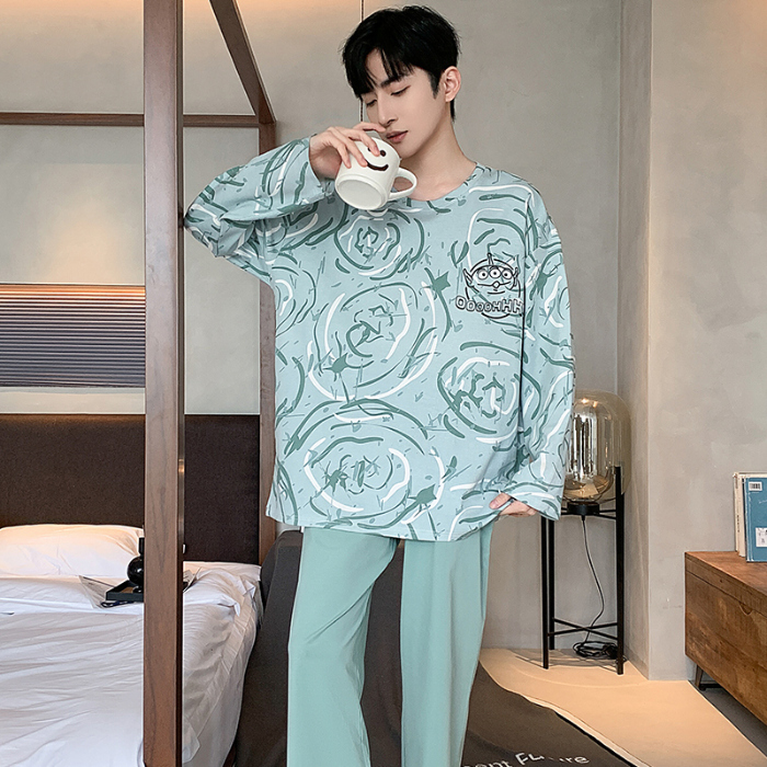 91家纺网 家纺一手货源 找家纺 春秋季纯棉圆领睡衣男士卡通长袖家居服夏季青少年休闲可外穿套装 89328