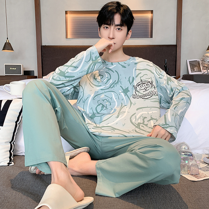 91家纺网 家纺一手货源 找家纺 春秋季纯棉圆领睡衣男士卡通长袖家居服夏季青少年休闲可外穿套装 89328