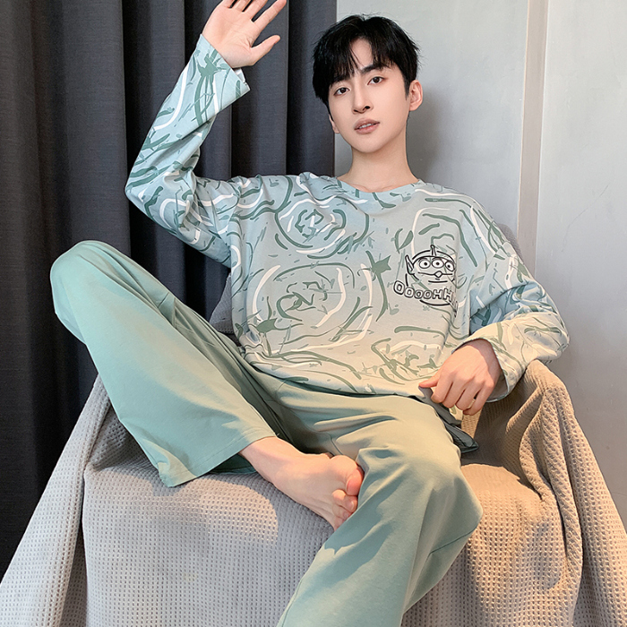 91家纺网 家纺一手货源 找家纺 春秋季纯棉圆领睡衣男士卡通长袖家居服夏季青少年休闲可外穿套装 89328