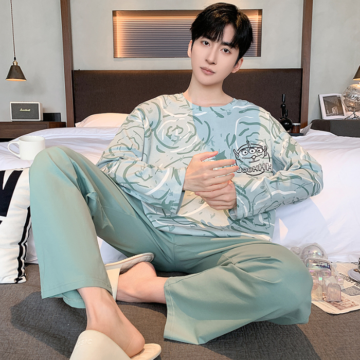 91家纺网 家纺一手货源 找家纺 春秋季纯棉圆领睡衣男士卡通长袖家居服夏季青少年休闲可外穿套装 89328