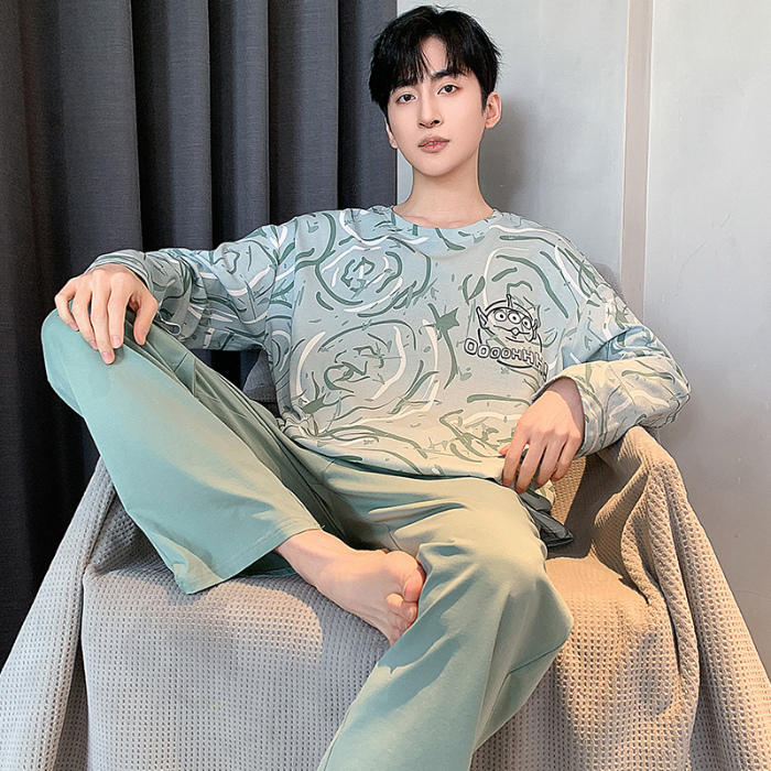 91家纺网 家纺一手货源 找家纺 春秋季纯棉圆领睡衣男士卡通长袖家居服夏季青少年休闲可外穿套装 89328