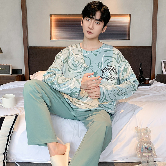 91家纺网 家纺一手货源 找家纺 春秋季纯棉圆领睡衣男士卡通长袖家居服夏季青少年休闲可外穿套装 89328