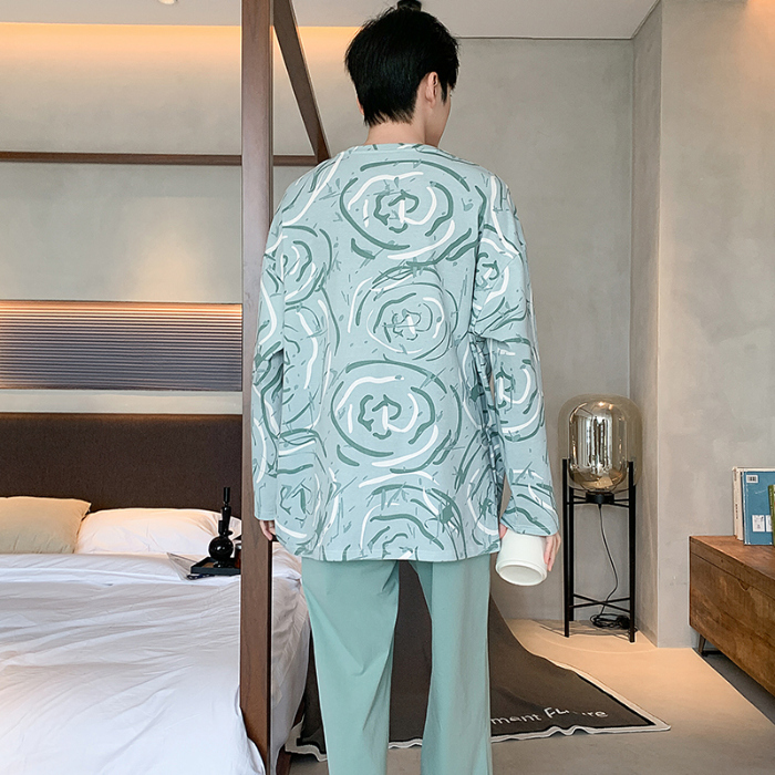 91家纺网 家纺一手货源 找家纺 春秋季纯棉圆领睡衣男士卡通长袖家居服夏季青少年休闲可外穿套装 89328