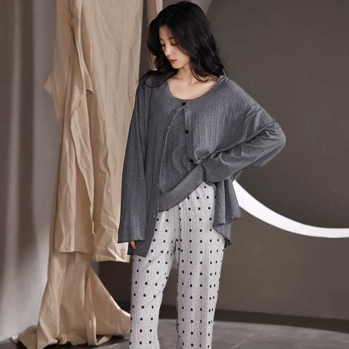 91家纺网 家纺一手货源 找家纺 春秋季新款少女纯棉长袖甜美风睡衣薄款开衫翻领设计可外穿家居服  88262